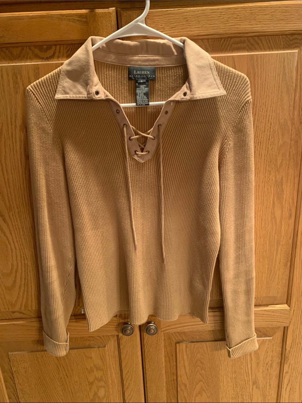 Lauren by Ralph Lauren Tan Lace-Up Ribbed Polo Sweater with suede collar